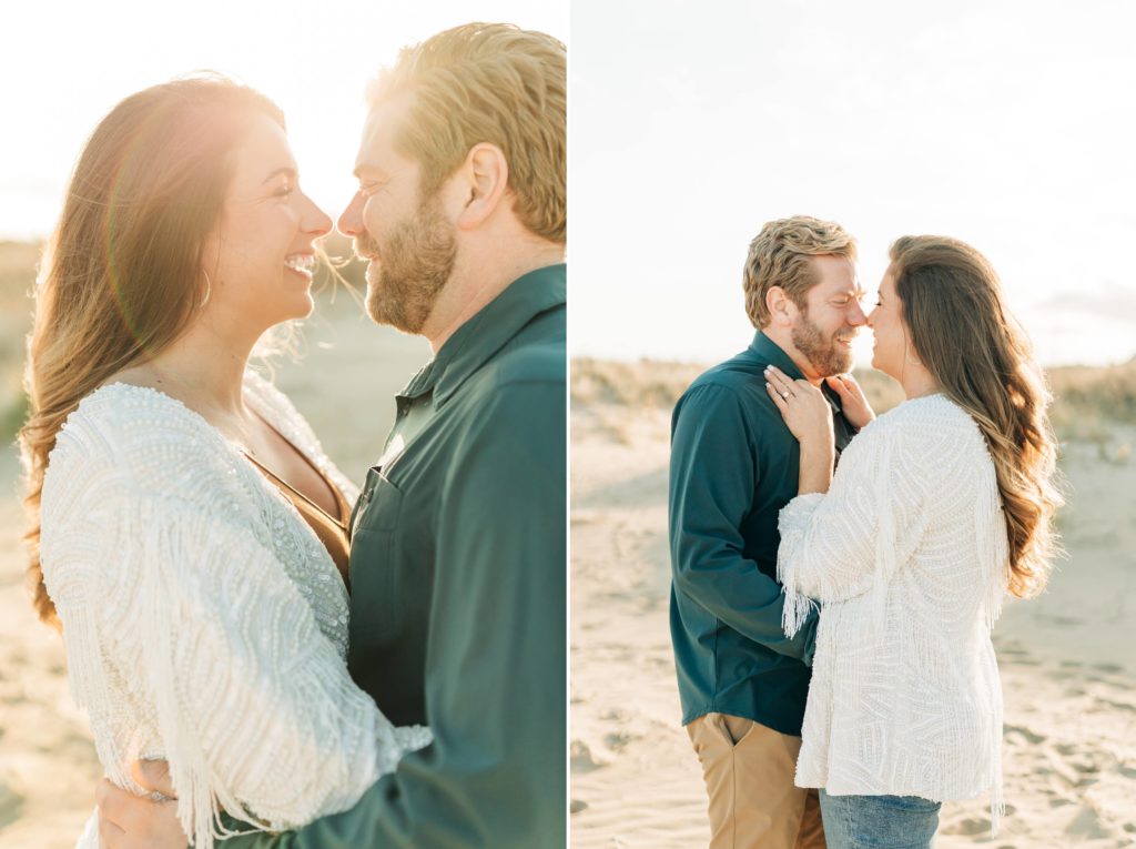 women smiling at her fiancé during sunset at the beach while hugging him. Engaged coupled looking at each other on the beach. 