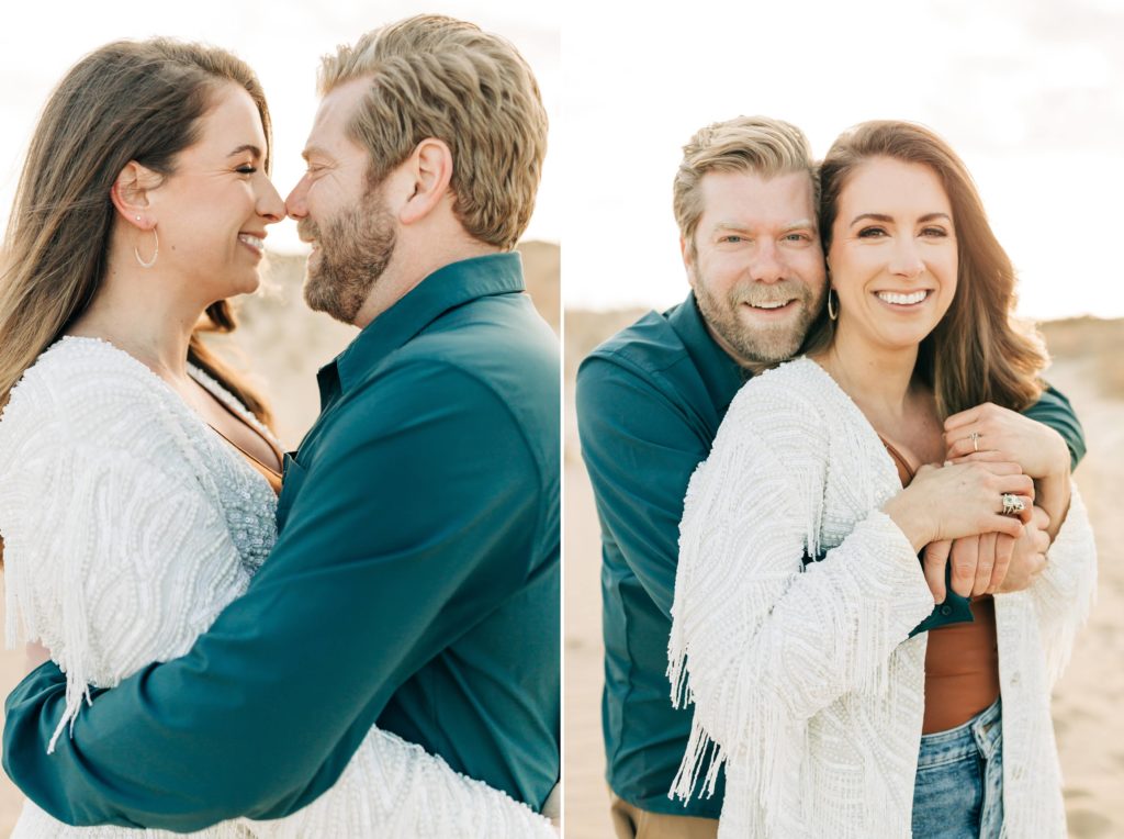 oceanfront engagement portraits at sunset in Virginia Beach with an engaged couple standing, laughing and hugging each other at the beach in Virginia Beach, VA