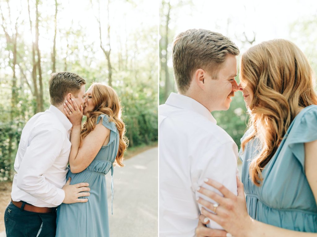 women in blue dress kissing her fiancé during a Virginia state engagement session. A close up of a couple touching noses in Virginia 