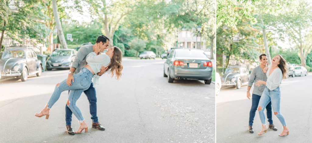engaged couple laughing and smiling in Norfolk Virginia in the middle of the road