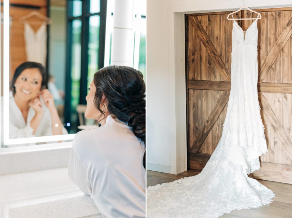 bride getting ready in front of a mirror. Bridal dress hanging on a door in ranch venue. 