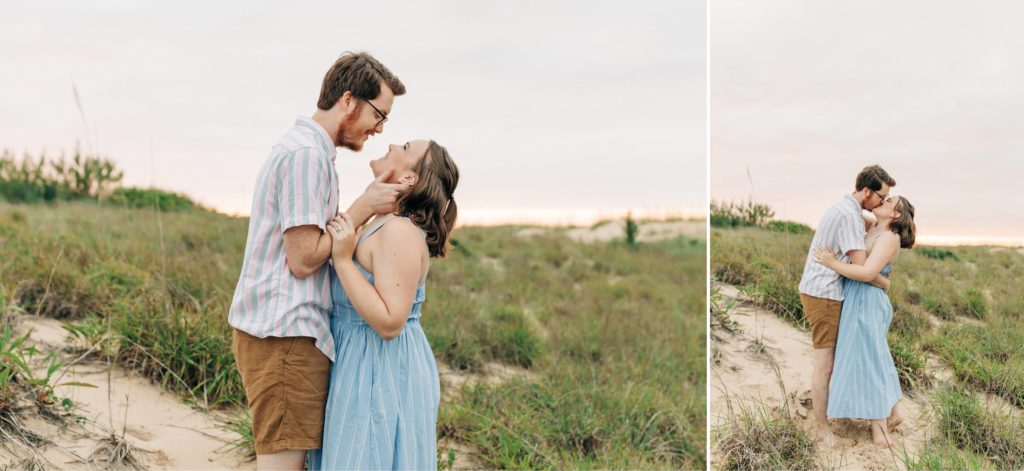 couple hugging and kissing during the summer beach engagement portraits
