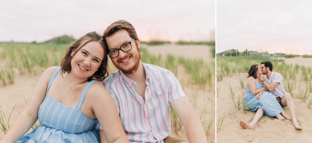 virginia couple sitting on the beach kissing for their summer beach engagement session