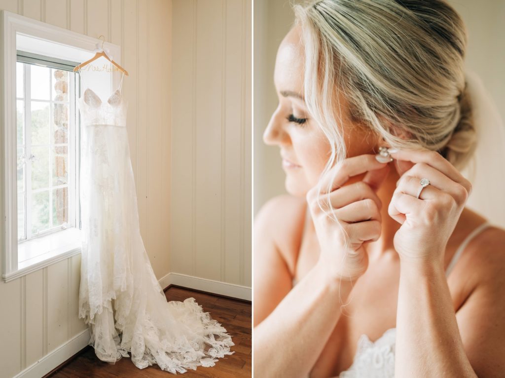 bride putting on earrings for her wedding
