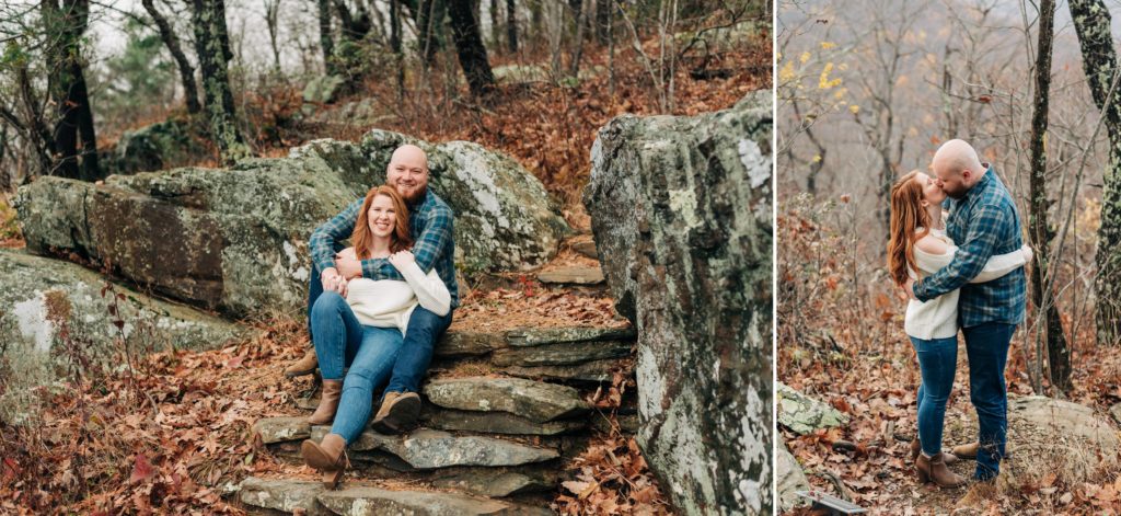 engaged couple sitting on a rock on a mountainside 