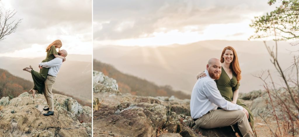 fiance kissing during their Skyline Drive Engagement Portraits engagement session 