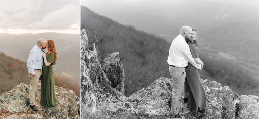 black and white photo of a couple on the mountains during their Skyline Drive Engagement Portraits 