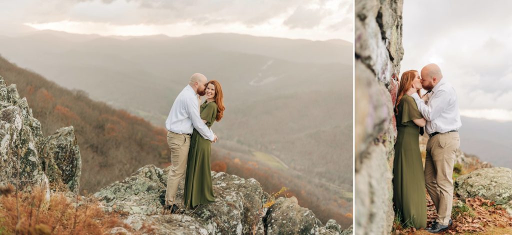 couple kissing in the fall on the mountains during their Skyline Drive Engagement Portraits 