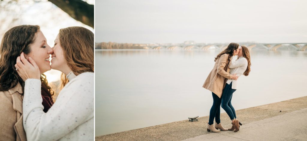LGBTQ couple laughing in Old Town Alexandria for their winter engagement session 