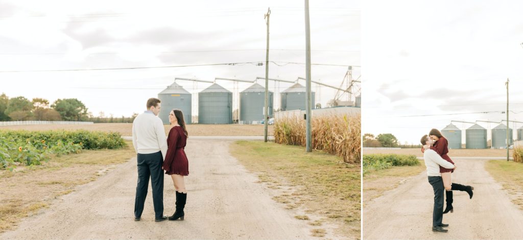 engaged couple dressed up in a pumpkin patch 