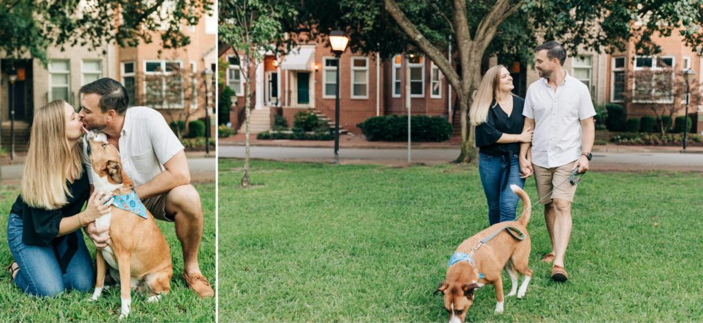 engaged couple walking their dog during their engagement session at freemason district