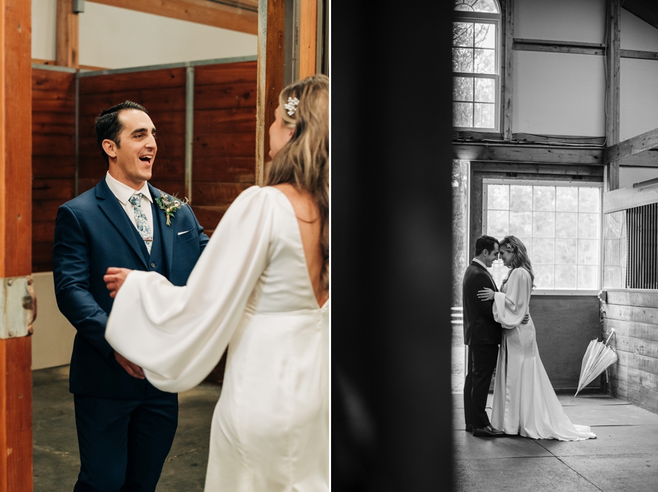 first look in stables at Culpepper Barn Wedding