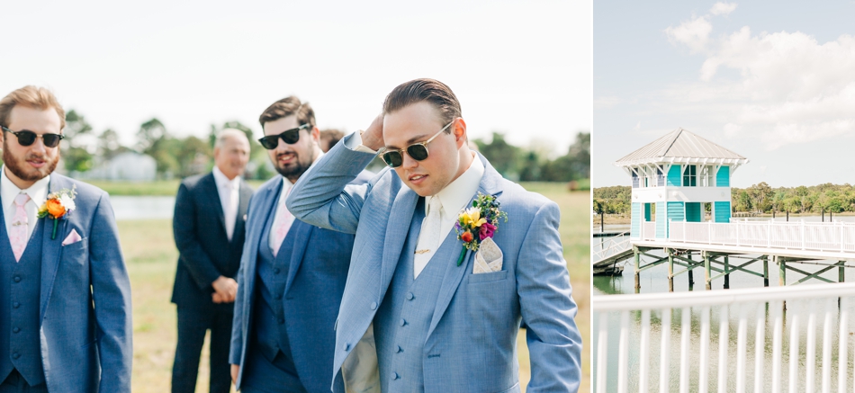 groom and groomsmen getting ready at oyster farm