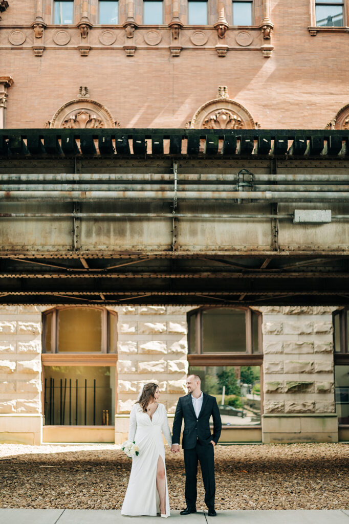 bride and groom outside main street station in richmond