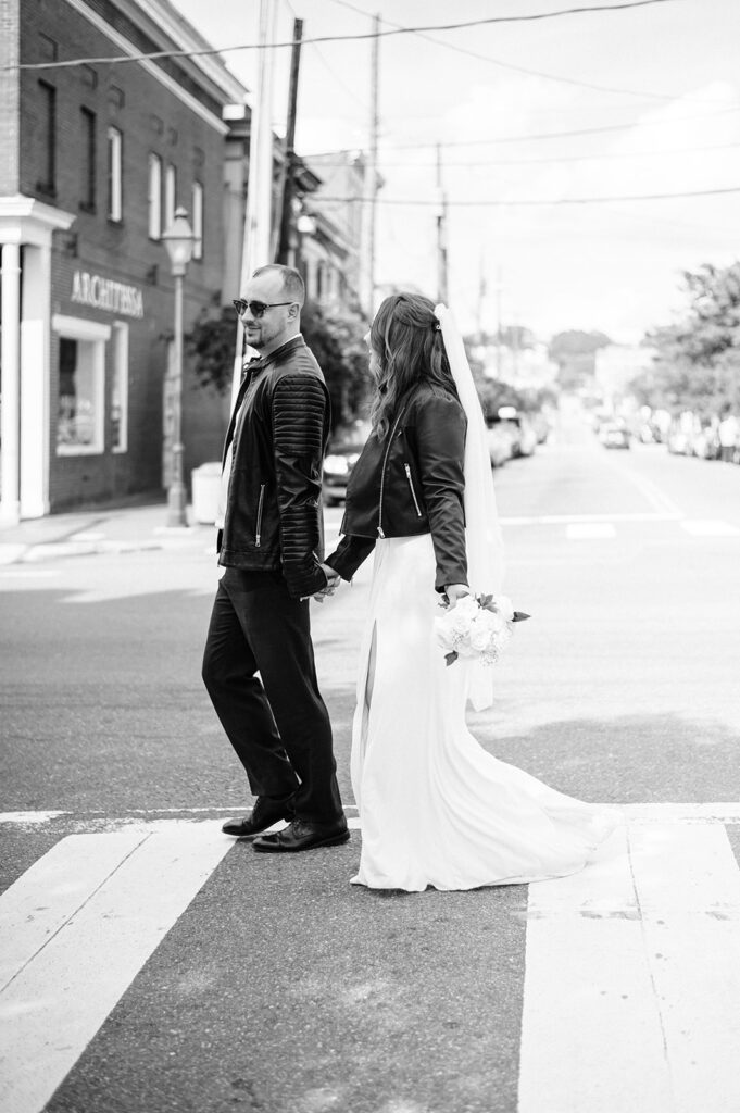 Bride and groom in leather jackets