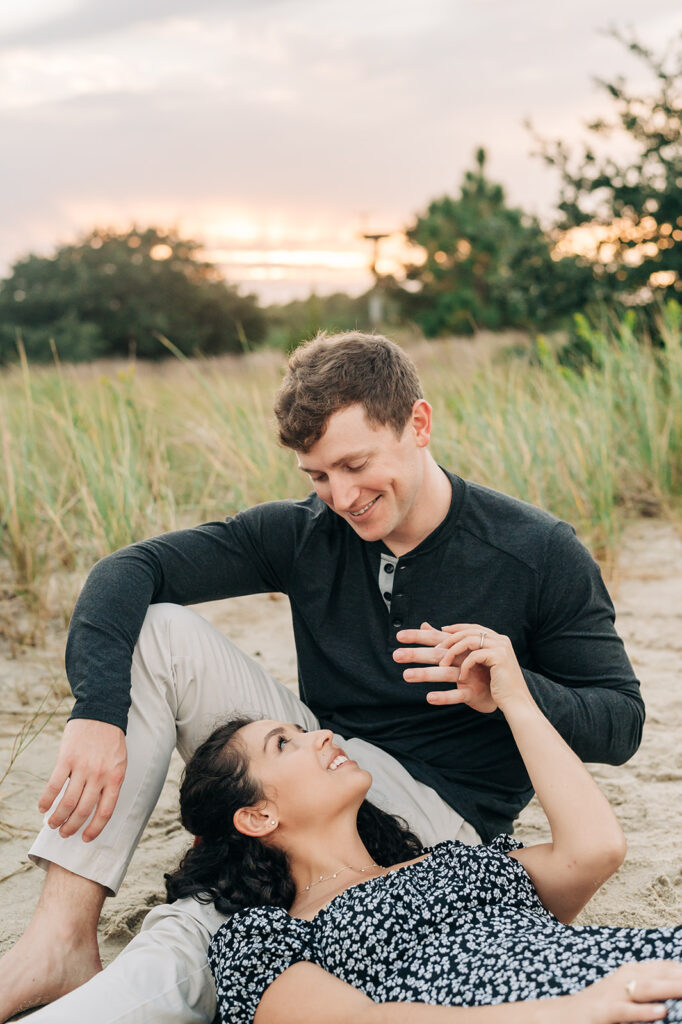 couple at sunset engagement photos at Pleasure House Point