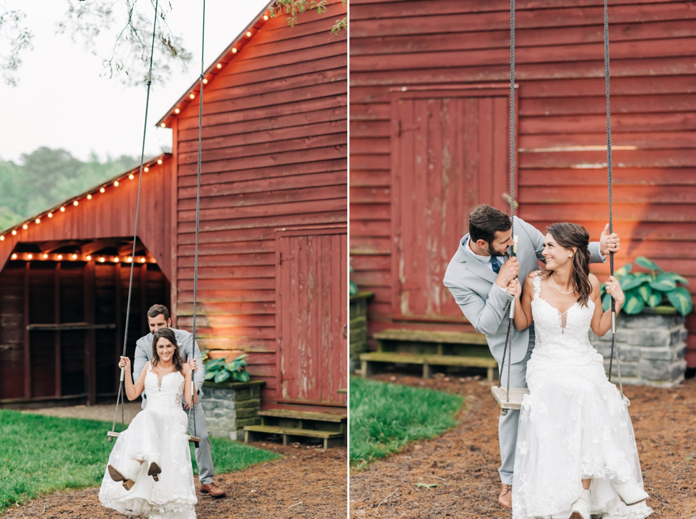 bride & groom on the swing at barns of Kanak