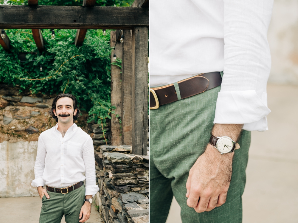 Groom in green dress pants