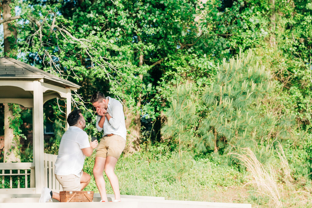 A couple getting engaged on a dock