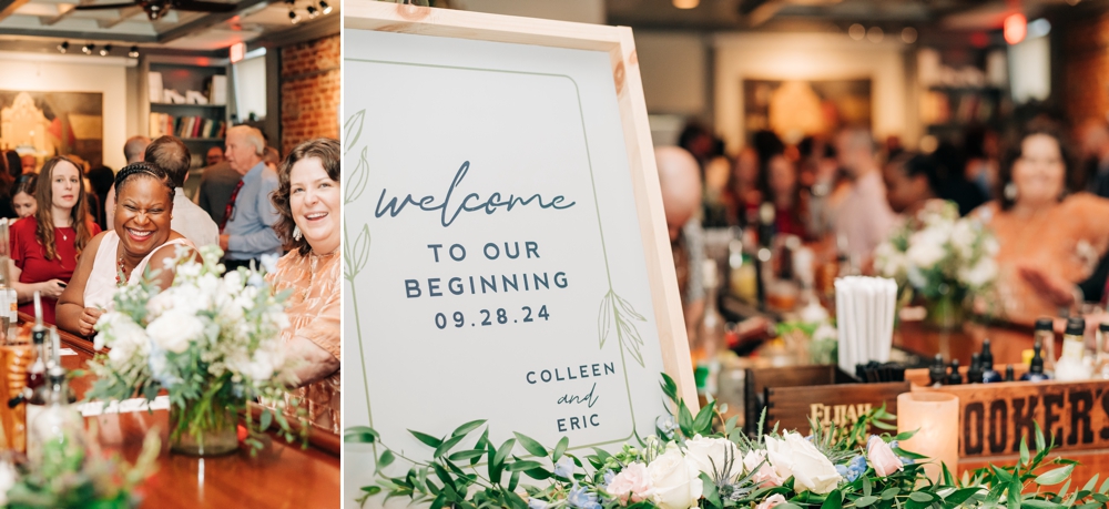 Wedding welcome sign and guests in restaurant