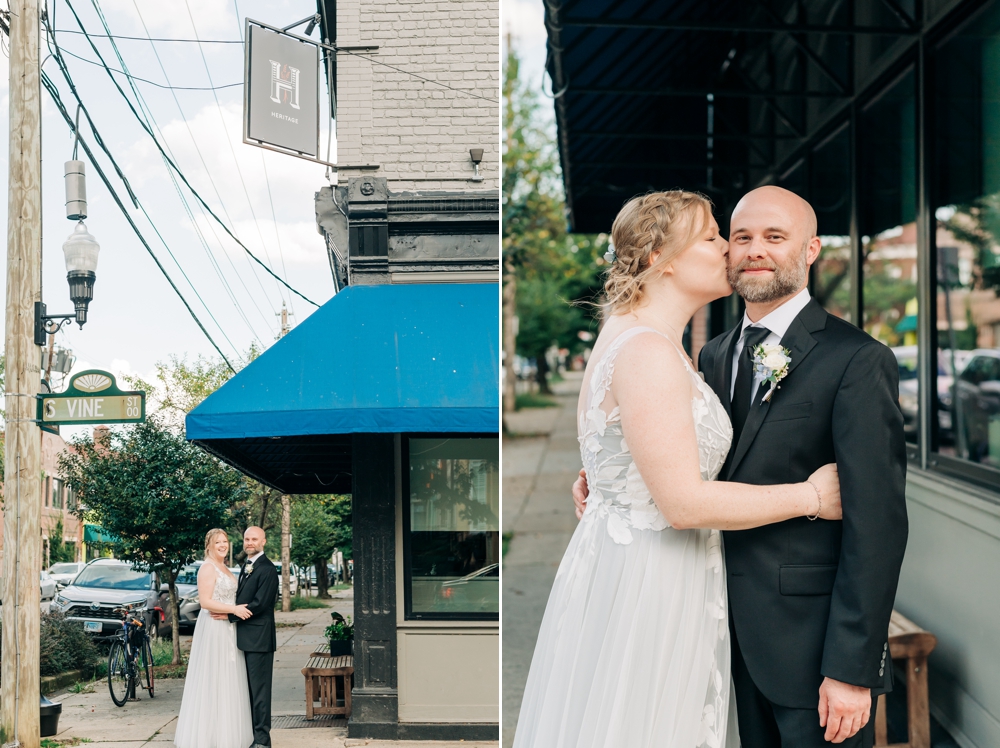 Bride and groom kissing and hugging outside of wedding venue