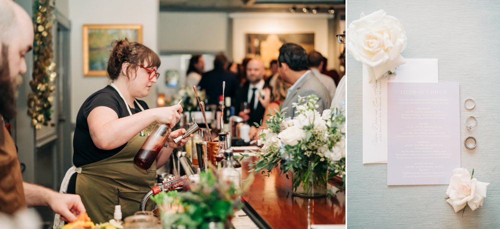 Bar tender pours drinks for cocktail hour, invitation detail shots