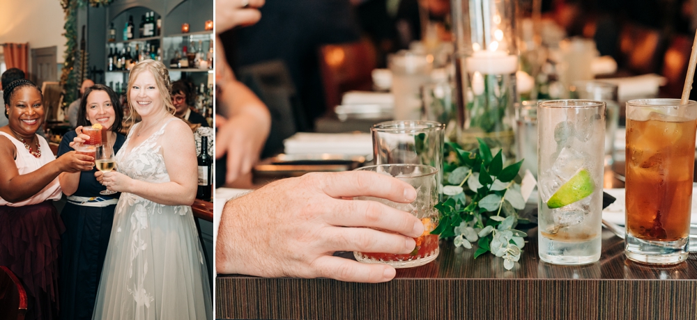 Bride sharing a drink with friends at cocktail hour