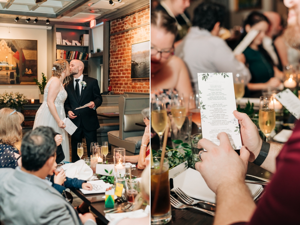 Couple kissing after their wedding toast