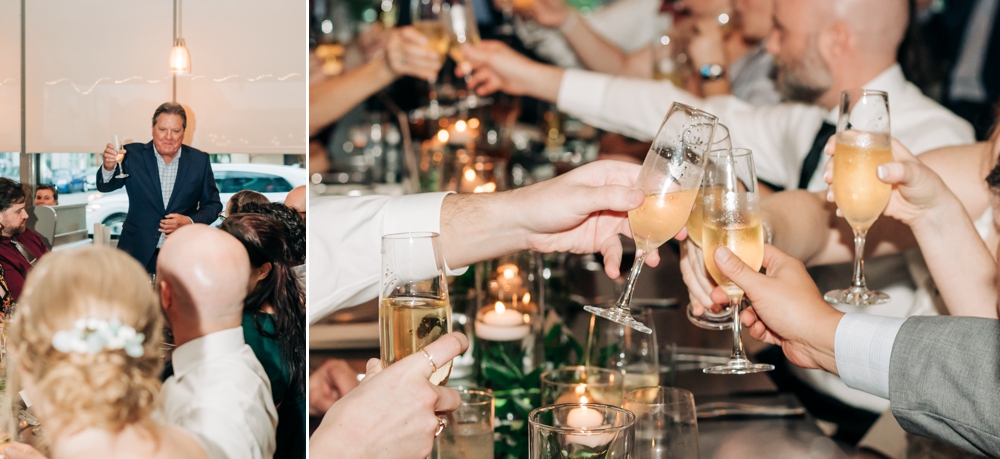 Friends and family cheers with champagne after wedding toasts