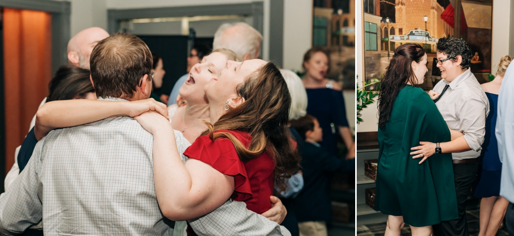 Friends singing at dancing at wedding reception