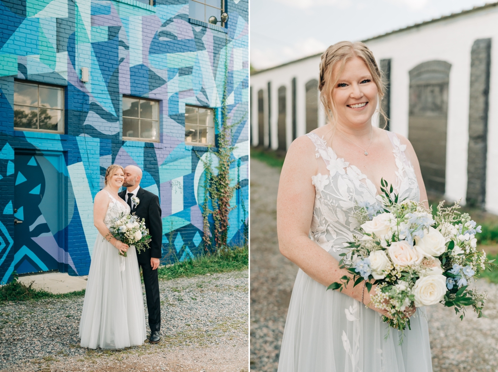 Bride smiling with bouquet in the fan district