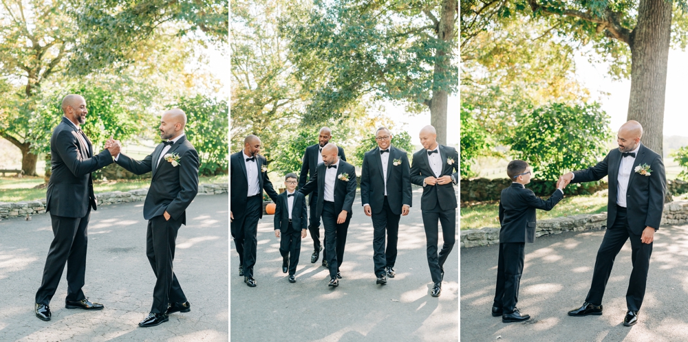 Groom and wedding party at fall wedding at The goodstone Inn