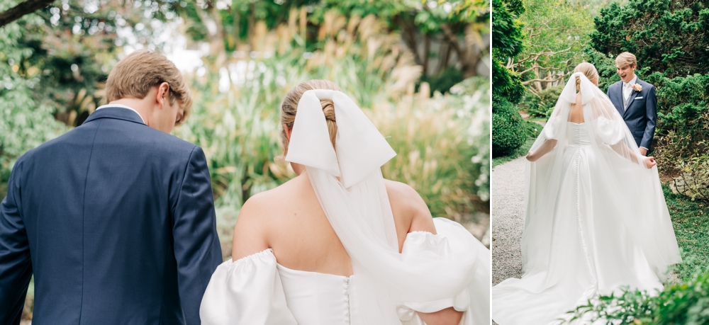 Bride & Groom first Look at Norfolk Botanical Garden Wedding