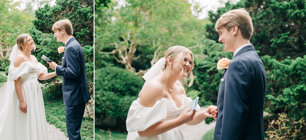 Bride & Groom first Look at Norfolk Botanical Garden Wedding