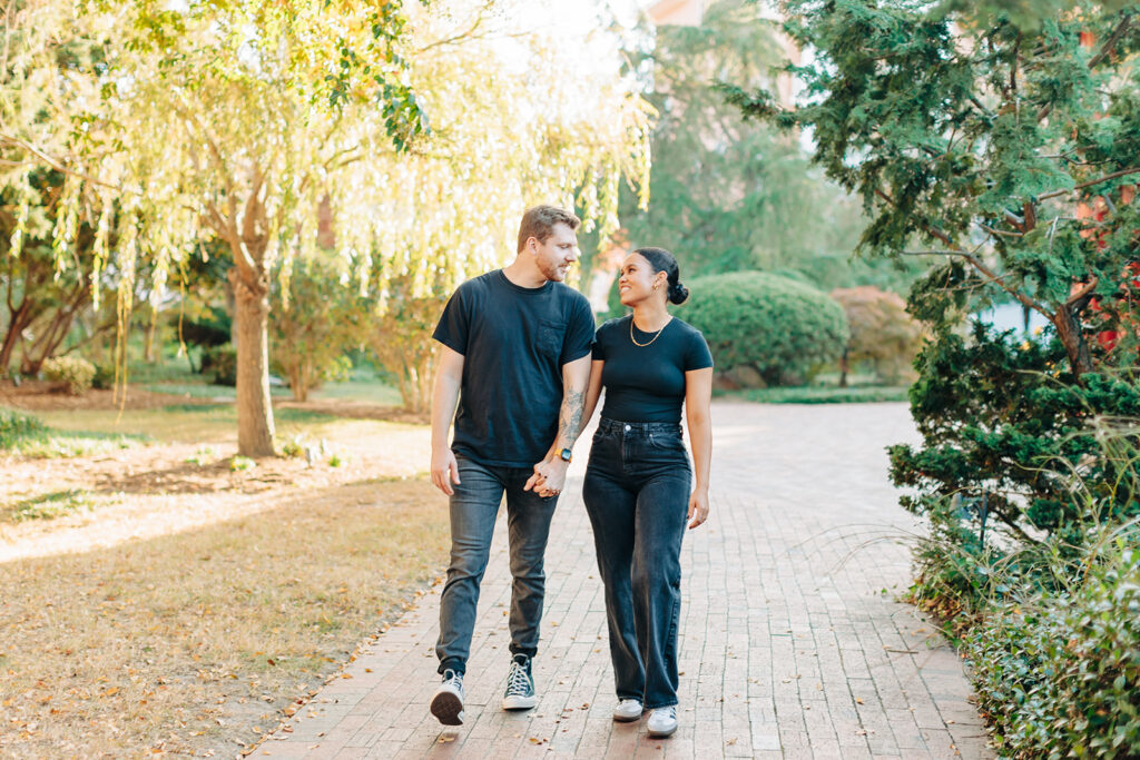 Couple walking near pagoda