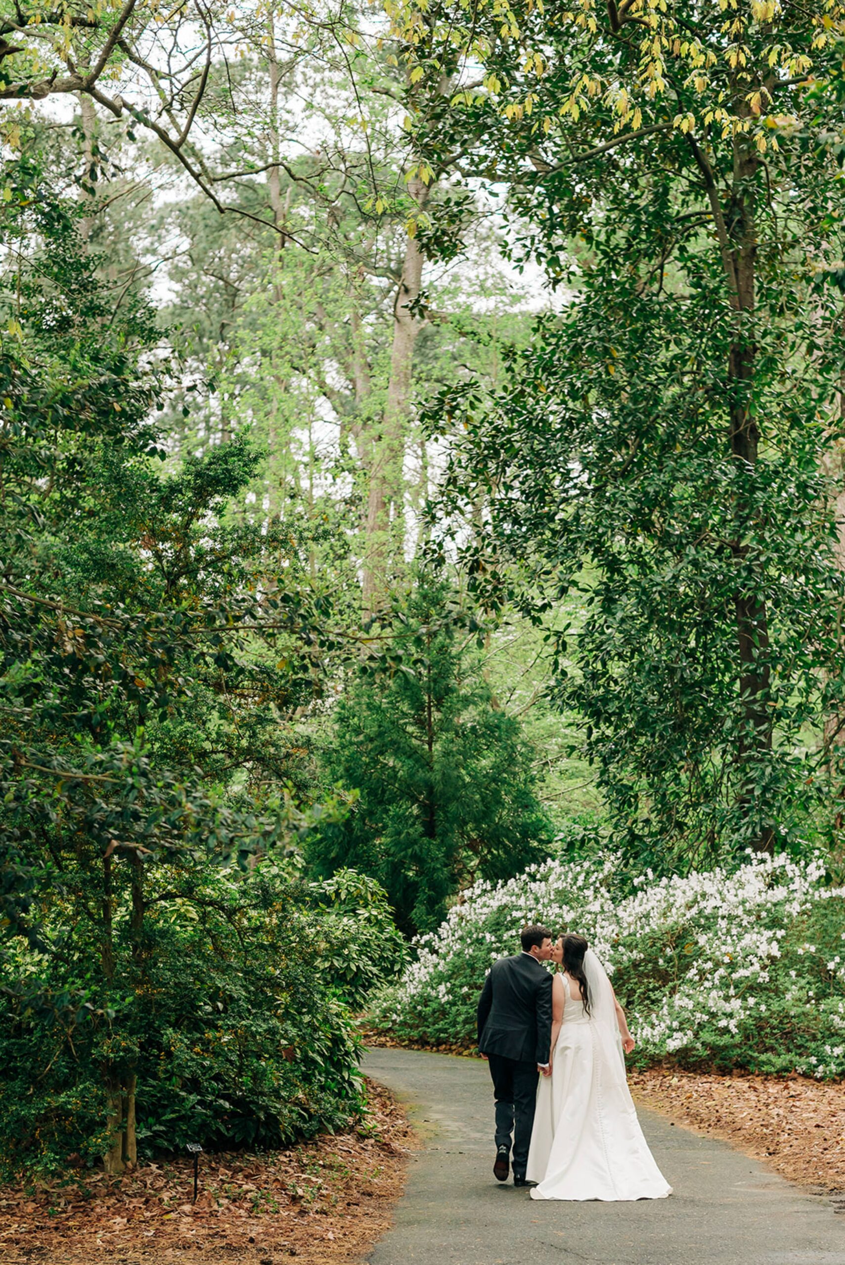 couple kisses by hydrangeas