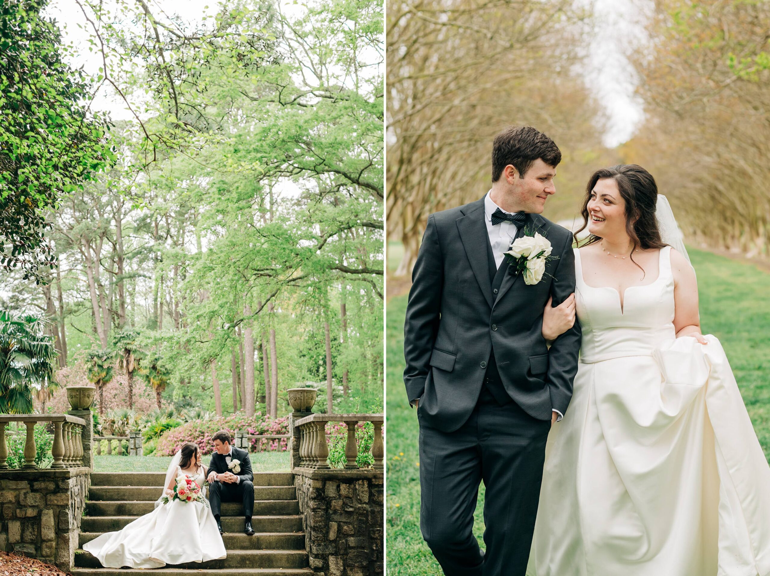 bride and groom pose for spring wedding