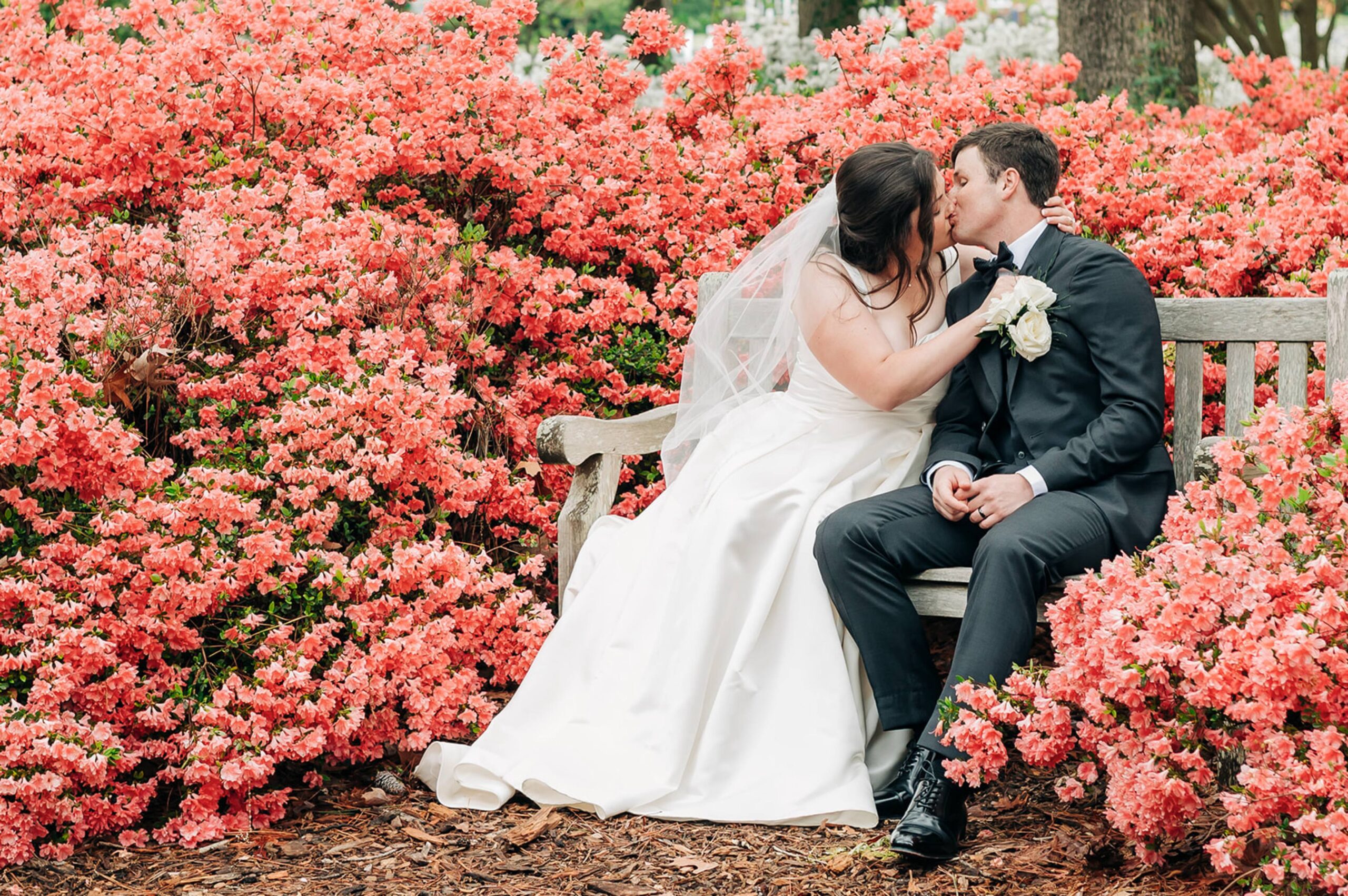 couple kissing next to azaleas