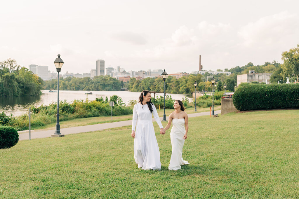 Brides walking through park