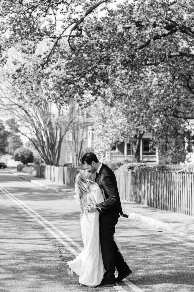 black and white photo of bride and groom