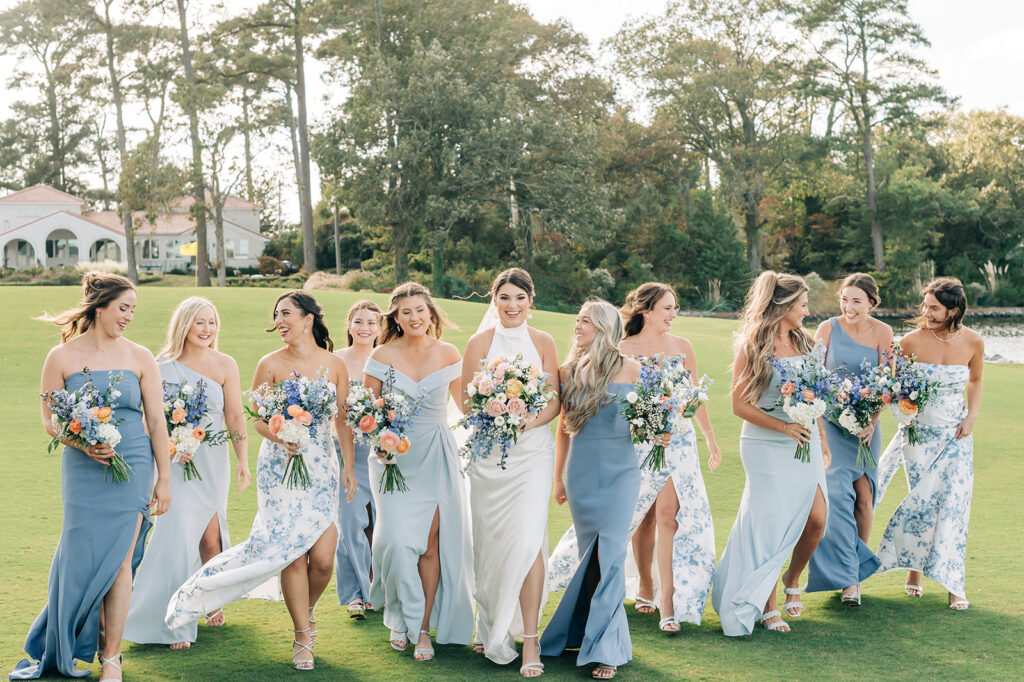 bride walking with bridesmaids