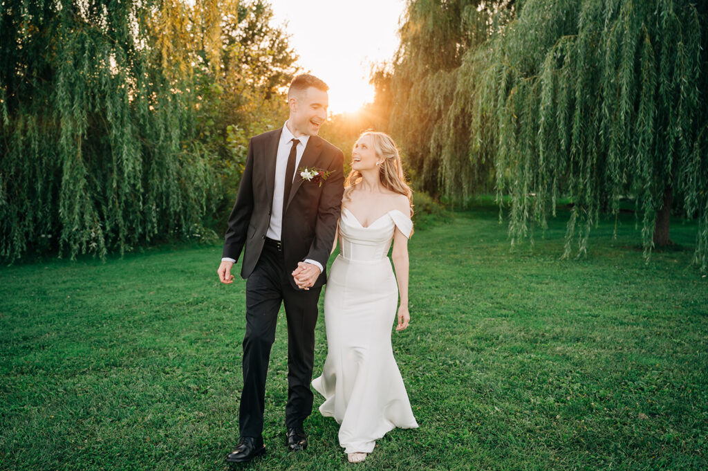 bride and groom at sunset 